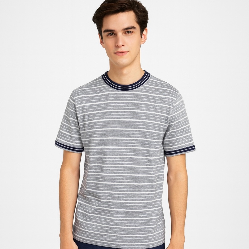 Ben Sherman Striped Crewneck T Shirt Grey Heather Black Trim Size Small NWT